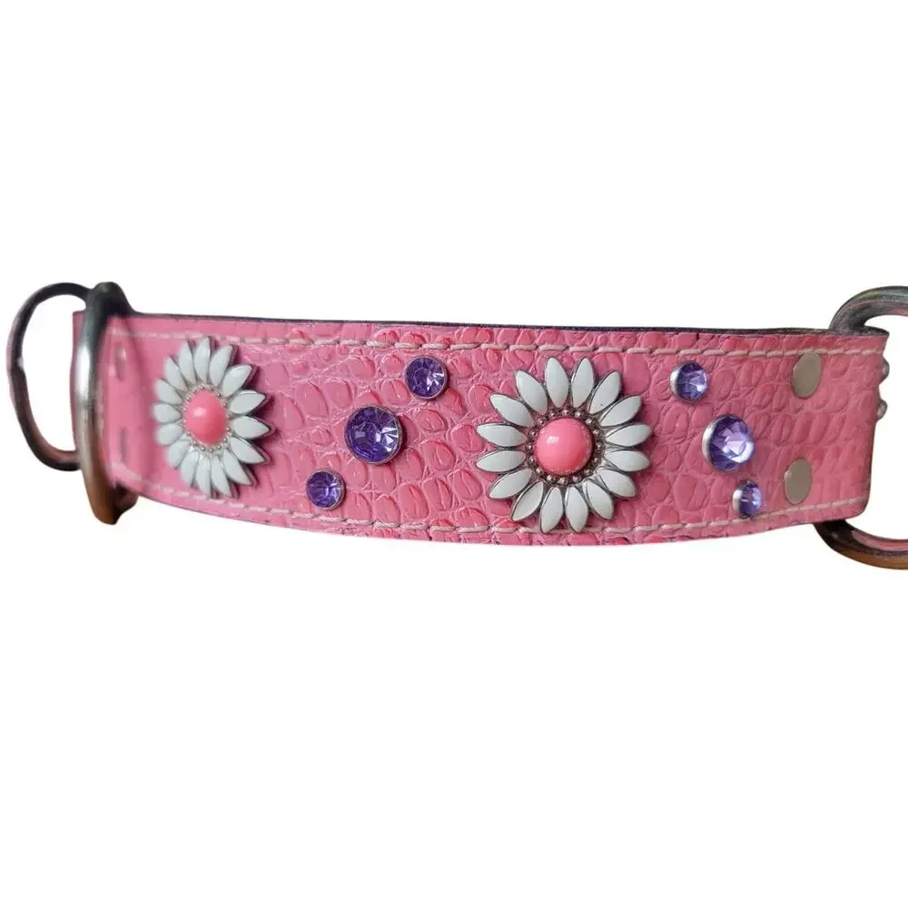 Custom Pink Rhinestone Leather Collar D Ring Choker Necklace